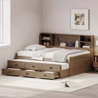Vinsetto Twin Size Captain DayBed with Trundle, Storage Bookcase Headboard, and Three Drawers for Kids and Teens, MDF and Solid Pine Wood Frame, Walnut(m-1)