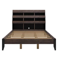 Vinsetto Mid Century Modern Queen Bed Frame with Bookshelf, LED Lights, USB Ports, and Textured Wood Veneer, Walnut+black(m-12)