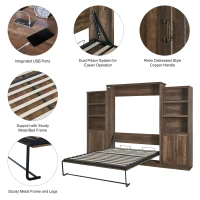Vinsetto Queen Size Murphy Wall Bed with Dual Piston System, 2 Side Cabinets with Adjustable Shelves and Built-in USB Ports, Space-Saving Design, 800 lbs Weight Capacity, Brown(m-5)