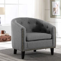 Linen Fabric Tufted Barrel Chair, Chesterfield-Inspired Tub Chair for Living Room and Bedroom, Rubber Wood Legs, Foam Fill, 28.30" x 24.00" x 27.50" , Grey(m-1)