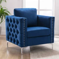 Modern Velvet Armchair, Tufted Button Accent Chair with Steel Legs, Ergonomic Design, 330 LBS Weight Capacity, Velvet Fabric, Navy(m-1)