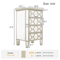 Elegant Mirrored 4-Drawer Chest with Golden Lines, Crystal Handles, and Arrow-Shape Legs for Living Room, Hallway, Entryway - 20.5" x 15.7" x 31.5", Silver(m-3)