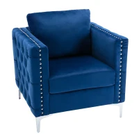 Modern Velvet Armchair, Tufted Button Accent Chair with Steel Legs, Ergonomic Design, 330 LBS Weight Capacity, Velvet Fabric, Navy(m-2)