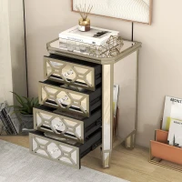 Elegant Mirrored 4-Drawer Chest with Golden Lines, Crystal Handles, and Arrow-Shape Legs for Living Room, Hallway, Entryway - 20.5" x 15.7" x 31.5", Silver(m-4)