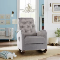 Baby Room High Back Rocking Chair, Comfortable Nursery Rocker with Padded Seat, Modern Armchair with Cotton Fabric and Rubber Wood Legs, 26" x 40" x 37", Grey(m-1)