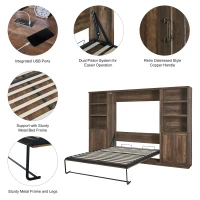 Vinsetto Full Size Murphy Wall Bed with Dual Piston System, 2 Side Cabinets with USB Ports and Shelves, Space-Saving Design, Sturdy Metal Frame, 800 lbs Capacity, Brown(m-5)