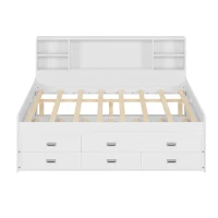 Full Size Captain Daybed with Trundle, Storage Bookcase Headboard, and Three Drawers for Kids and Teens, MDF and Solid Pine Wood Frame, White(m-6)