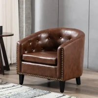 PU Leather Tufted Barrel Chair, Chesterfield-Inspired Design, Rubber Wood Legs, 28.3" x 24.0" x 27.5", Dark Brown(m-1)