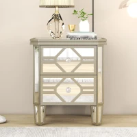 Elegant Mirrored 2-Drawer Side Table with Golden Lines, Crystal Handles, and Arrow-Shape Legs for Living Room, Hallway, Entryway, 19.7" x 15.7" x 21.7", Silver(m-1)