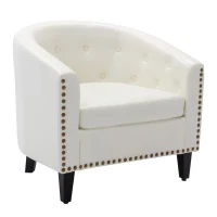 PU Leather Tufted Barrel Chair, Chesterfield-Inspired Design, Rubber Wood Legs,28.3" x 24.0" x 27.5", White(m-2)