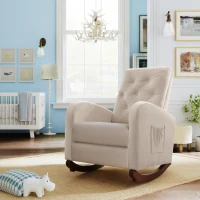 Baby Room High Back Rocking Chair, Comfortable Nursery Rocker with Padded Seat, Modern Armchair with Cotton Fabric and Rubber Wood Legs, 26.0" x 40.0" x 37.0", Beige(m-4)