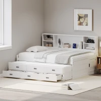 Full Size Captain Daybed with Trundle, Storage Bookcase Headboard, and Three Drawers for Kids and Teens, MDF and Solid Pine Wood Frame, White(m-1)