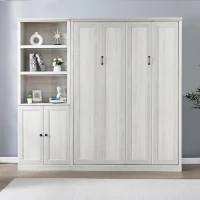 Vinsetto Full Size Murphy Wall Bed with Side Cabinet, Dual Piston System, Built-in USB Ports, and Ample Storage Shelves, Rustic White(m-7)