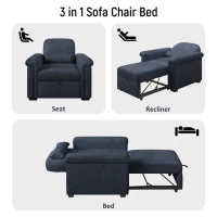 3-in-1 Convertible Sleeper Chair Sofa Bed with Adjustable Backrest, Pull-Out Couch with Pillow, Wood & Steel Frame, Dark Blue(m-6)
