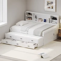 Twin Size Captain DayBed with Trundle, Storage Bookcase Headboard, and Three Drawers, MDF and Solid Pine Wood Frame, White(m-5)