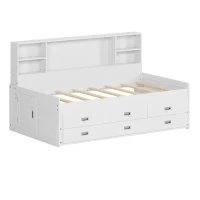 Twin Size Captain DayBed with Trundle, Storage Bookcase Headboard, and Three Drawers, MDF and Solid Pine Wood Frame, White(m-2)