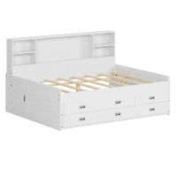 Full Size Captain Daybed with Trundle, Storage Bookcase Headboard, and Three Drawers for Kids and Teens, MDF and Solid Pine Wood Frame, White(m-2)