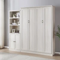 Vinsetto Queen Size Murphy Wall Bed with Side Cabinet, Dual Piston System, Built-in USB Ports, and Ample Storage Shelves, Rustic White(m-8)
