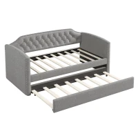 Twin Size Upholstered Daybed with Trundle, Button-Tufted Back, Nailhead Trim, Pine Wood Frame, 79.8"L x 41.0"W x 35.0"H, Gray(m-2)