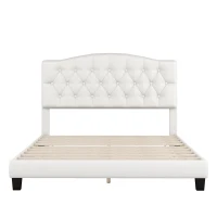 Upholstered Platform Bed with Saddle Curved Headboard and Diamond Tufted Details, Queen Size, MDF and Solid Wood Frame, No Box Spring Required, Beige(m-9)