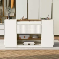 Modern Luxury Multi-Functional Island Vanity Dresser and Storage Cabinet with Glass Tabletop, 6 Drawers, and Display Shelf for Walk-in Wardrobe and Bedroom, 60.4"x18.7"x33.1", Cream White(m-4)