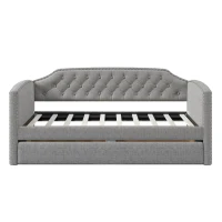 Twin Size Upholstered Daybed with Trundle, Button-Tufted Back, Nailhead Trim, Pine Wood Frame, 79.8"L x 41.0"W x 35.0"H, Gray(m-5)