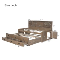 Vinsetto Twin Size Captain DayBed with Trundle, Storage Bookcase Headboard, and Three Drawers for Kids and Teens, MDF and Solid Pine Wood Frame, Walnut(m-3)