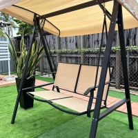Outsunny 2-Person Patio Swings with Canopy, Outdoor Canopy Swing with Adjustable Shade, Breathable Mesh Seats and  Steel Frame for Garden, Poolside, Backyard, Beige(m-7)