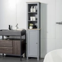 kleankin Bathroom Floor Storage Cabinet with 3 Tier Shelf and Cupboard with Door, Free Standing Linen Tower, Tall Slim Side Organizer Shelves, Grey(m-8)