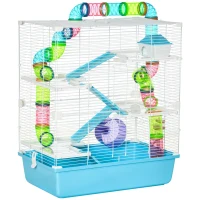 PawHut 23" Large Hamster Cage, Small Animal House, 5-Level Gerbil Haven, Tunnel Tube System, with Water Bottle, Exercise Wheel, Food Dish, Ramps, 2 Doors, Light Blue(m-2)
