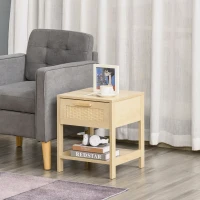 HOMCOM Narrow Nightstand with Rattan Elements, Bedside Table with Drawer and Storage Shelf for Bedroom, Natural(m-8)