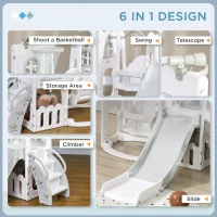 Qaba 6-in-1 Slide and Swing Set Baby Swing Playset Indoor with Basketball Hoop, Climber, Storage Space, Telescope, Grey(m-4)