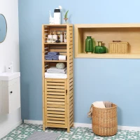 kleankin Tall Bathroom Storage Cabinet with 3 Open Shelves, Slim Bamboo Linen Tower Freestanding Linen Towel with Slatted Door, Natural(m-8)