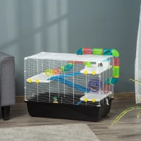PawHut 31" Large Hamster Cage, Small Animal House, Multi-storey Gerbil Haven, Tunnel Tube System, with Water Bottle, Exercise Wheel, Food Dish, Ramps, Black(m-16)