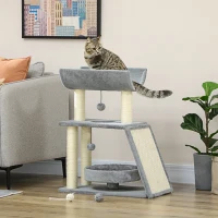 PawHut Small Cat Tree with Perch, Scratching Posts, Pad, Bed, Toy Balls, Light Grey(m-8)