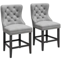 HOMCOM Upholstered Fabric Bar Stool Set of 2, Button Tufted 25.6" Seat Height Counter Chairs with Back & Wood Legs, Grey(m-11)