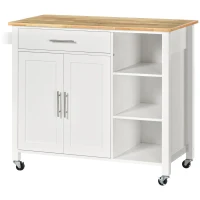 HOMCOM Wooden Rolling Kitchen Island on 360° Swivel Wheels Dining Cart with Drawer, Towel Rack for Kitchen, White(m-11)