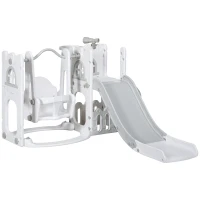 Qaba 6-in-1 Slide and Swing Set Baby Swing Playset Indoor with Basketball Hoop, Climber, Storage Space, Telescope, Grey(m-2)