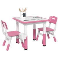 Qaba 3 Pieces Toddler Table and Chair Set, Height Adjustable Kids Table and Chair Set w/ Storage, for Playroom Pink(m-11)