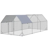 PawHut Chicken Run, Galvanized Large Metal Chicken Coop Cage, Walk-in Enclosure Poultry Hen Run House Playpen Rabbit Hutch with Flat Roof, Cover, 9.2' x 18.7' x 6.5', Silver(m-11)