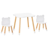 Qaba Kids Wooden Table and 2 Chairs Set, 3-Piece Dining Table with Bear Shape and Rounded Corners for 1-4 Years, White(m-11)