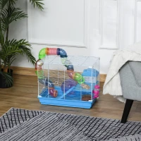 PawHut 18"L Hamster Cage, Small Animal House, 2-Level Rat Gerbil Haven with Tunnel Tube System, Exercise Wheel, Water Bottle, Food Dish, Ramp, Blue(m-11)