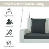 2-Person Wicker Hanging Porch Swing with Chains, Removable Cushion and Pillow, Rattan Swing Bench for Garden, Backyard, 50" Length, White(m-6)