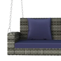 2-Person Wicker Hanging Porch Swing with Chains, Removable Cushions and Pillows, Rattan Swing Bench for Garden, Backyard, Pond, 50" Length, Blue-gray(m-5)