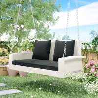 2-Person Wicker Hanging Porch Swing with Chains, Removable Cushion and Pillow, Rattan Swing Bench for Garden, Backyard, 50" Length, White(m-8)