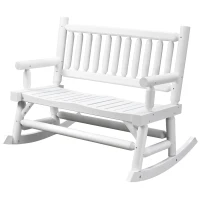 Outsunny 2-Person Wood Rocking Chair with Log Design, Heavy Duty Loveseat with Wide Curved Seats for Patio, Backyard, Garden, White(m-11)