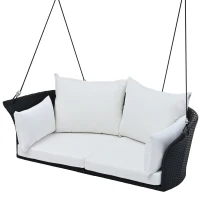51.9" 2-Person Hanging Seat with Cushions, Rattan Woven Swing Chair with Adjustable Ropes, Waterproof and Sun-Resistant, Includes Cushions and Pillows, 500 LBS Capacity, Black+White(m-11)