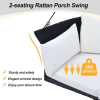 51.9" 2-Person Hanging Seat with Cushions, Rattan Woven Swing Chair with Adjustable Ropes, Waterproof and Sun-Resistant, Includes Cushions and Pillows, 500 LBS Capacity, Black+White(m-5)