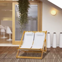 Outsunny 2-Person Sling Chair, Reclining Double Lounger for Patio, Beach, Camping, Lawn, Wood Folding Chair with Recliner Design for 2 Adults, Cream White(m-10)