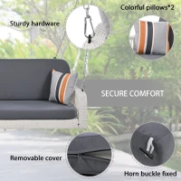 49" PE Wicker Porch Swing with Chains, 2-Seater Hanging Bench, All-Weather Patio Furniture for Backyard, Garden, Poolside, 48.81", Gray+White(m-5)